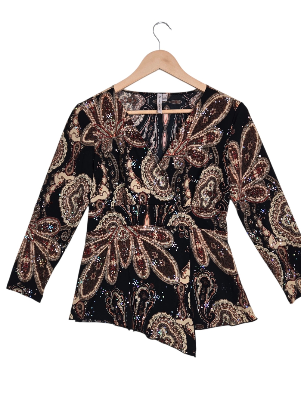 Y2K Vintage Susan Lawrence Paisley Faux Wrap Top Size S Black Brown Sparkle